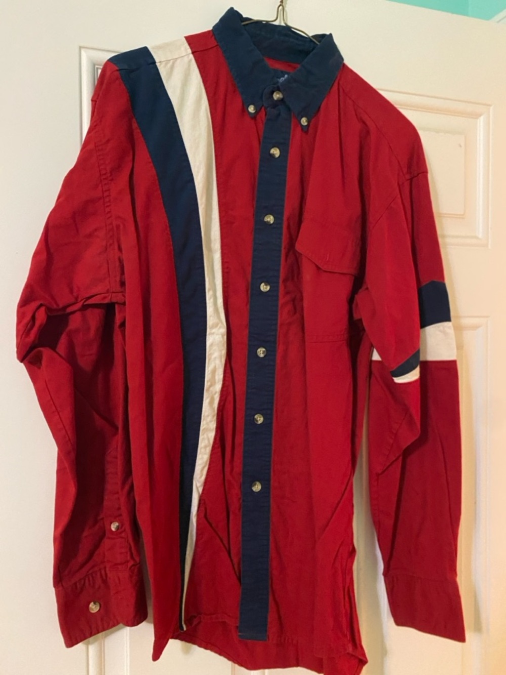 Wrangler Red Button-Up Shirt Jacket with Navy & White Stripes